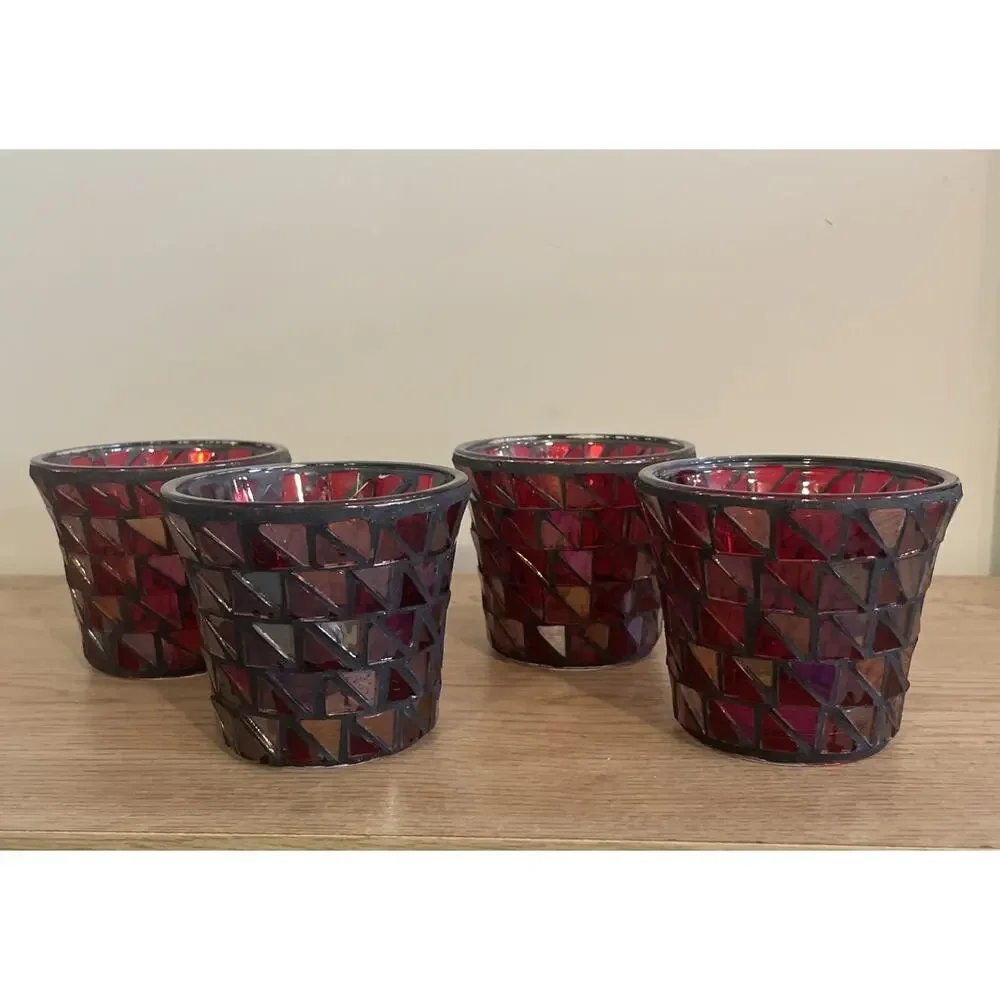 (Set of 4) VTG 2.75” H Pier 1 Red/Gray Mosaic Tea Light Votive Candle Holders